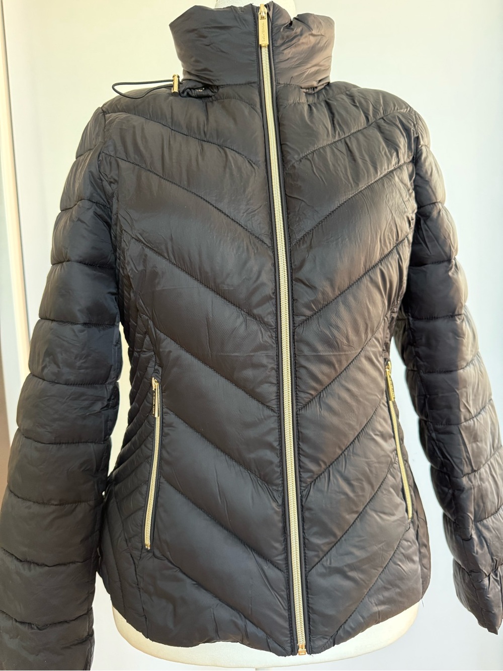 Michael Kors Black Quilted Chevron Puffer Jacket with Gold Zippers